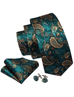 Barry.Wang Paisley Tie Fashion Set Hanky Cufflinks Neckties for Men Woven Silk