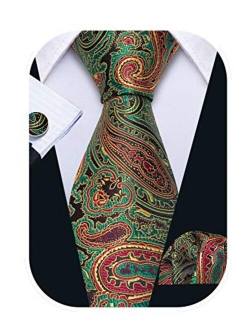 Barry.Wang Paisley Tie Fashion Set Hanky Cufflinks Neckties for Men Woven Silk