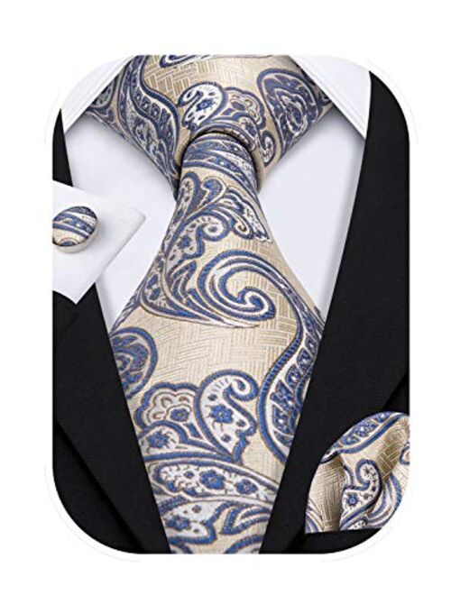 Barry.Wang Paisley Tie Fashion Set Hanky Cufflinks Neckties for Men Woven Silk