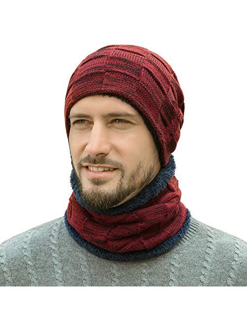 Winter Beanie Hats Scarf Set Warm Knit Hats Skull Cap Neck Warmer with Thick Fleece Lined Winter Hat & Scarf for Men Women