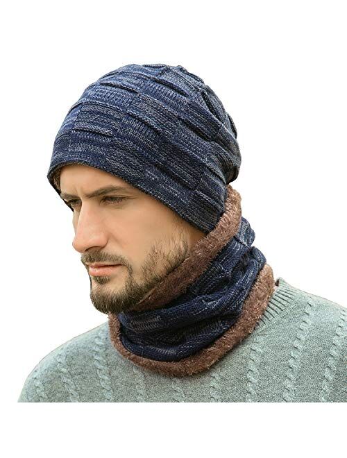 Winter Beanie Hats Scarf Set Warm Knit Hats Skull Cap Neck Warmer with Thick Fleece Lined Winter Hat & Scarf for Men Women