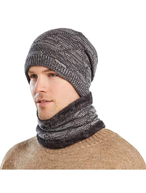 Winter Beanie Hats Scarf Set Warm Knit Hats Skull Cap Neck Warmer with Thick Fleece Lined Winter Hat & Scarf for Men Women