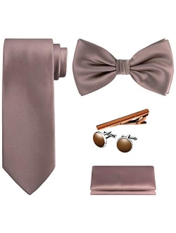 TIE G 5pcs Tie Set in Gift BOX WHITE OR BLACK: Solid Color Necktie, Satin Bow Tie, Pocket Square, Lapel, Cuff Links