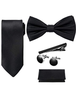 TIE G 5pcs Tie Set in Gift BOX WHITE OR BLACK: Solid Color Necktie, Satin Bow Tie, Pocket Square, Lapel, Cuff Links