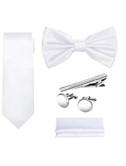 TIE G 5pcs Tie Set in Gift BOX WHITE OR BLACK: Solid Color Necktie, Satin Bow Tie, Pocket Square, Lapel, Cuff Links