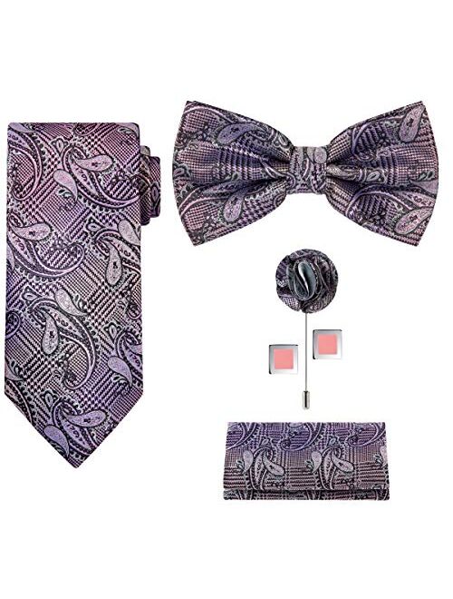 TIE G 5pcs Tie Set in Gift BOX WHITE OR BLACK: Solid Color Necktie, Satin Bow Tie, Pocket Square, Lapel, Cuff Links