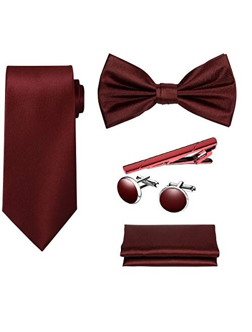 TIE G 5pcs Tie Set in Gift BOX WHITE OR BLACK: Solid Color Necktie, Satin Bow Tie, Pocket Square, Lapel, Cuff Links