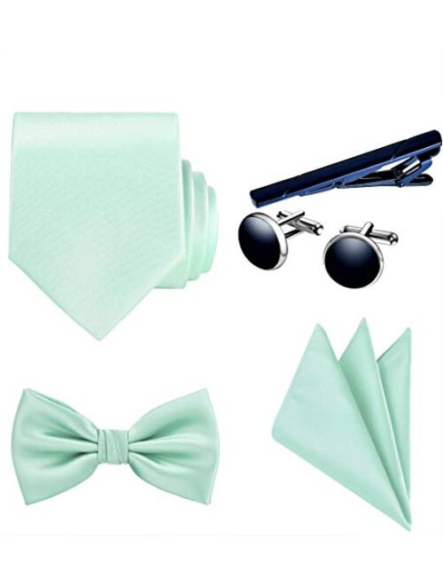 TIE G 5pcs Tie Set in Gift BOX WHITE OR BLACK: Solid Color Necktie, Satin Bow Tie, Pocket Square, Lapel, Cuff Links