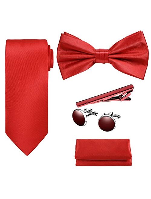 TIE G 5pcs Tie Set in Gift BOX WHITE OR BLACK: Solid Color Necktie, Satin Bow Tie, Pocket Square, Lapel, Cuff Links