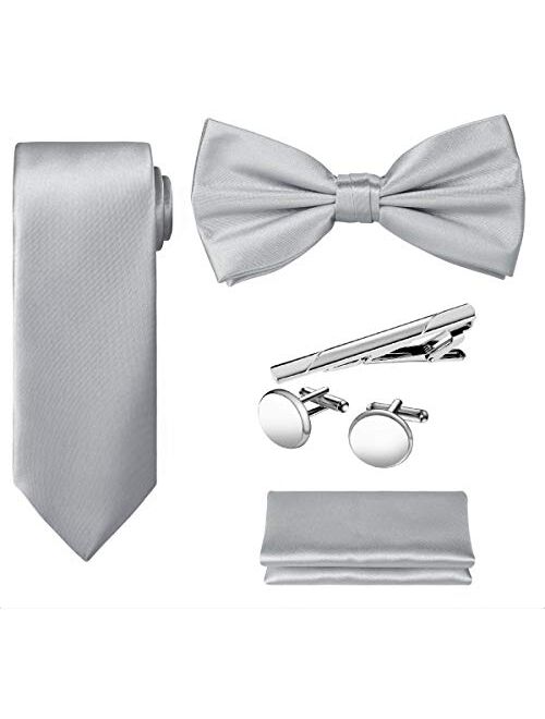 TIE G 5pcs Tie Set in Gift BOX WHITE OR BLACK: Solid Color Necktie, Satin Bow Tie, Pocket Square, Lapel, Cuff Links