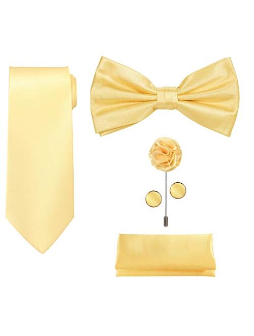 TIE G 5pcs Tie Set in Gift BOX WHITE OR BLACK: Solid Color Necktie, Satin Bow Tie, Pocket Square, Lapel, Cuff Links