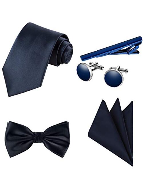 TIE G 5pcs Tie Set in Gift BOX WHITE OR BLACK: Solid Color Necktie, Satin Bow Tie, Pocket Square, Lapel, Cuff Links