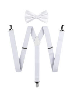 TIE G Solid Color Men's Suspender + Woven Bow Tie Set for Wedding : Vivid Color, Adjustable Brace, Strong Clip, Elastic Band