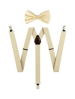 TIE G Solid Color Men's Suspender + Woven Bow Tie Set for Wedding : Vivid Color, Adjustable Brace, Strong Clip, Elastic Band