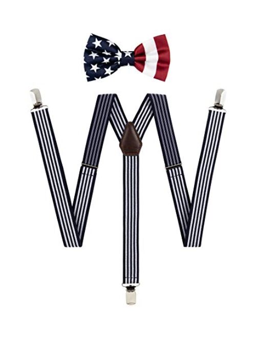 TIE G Solid Color Men's Suspender + Woven Bow Tie Set for Wedding : Vivid Color, Adjustable Brace, Strong Clip, Elastic Band