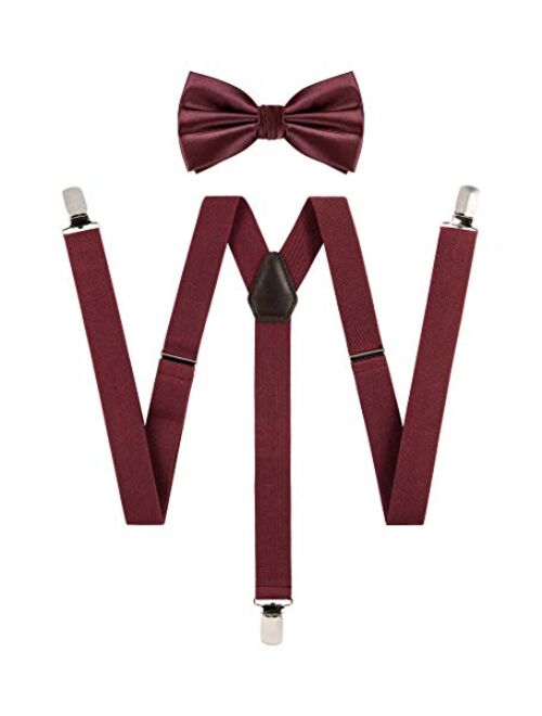 TIE G Solid Color Men's Suspender + Woven Bow Tie Set for Wedding : Vivid Color, Adjustable Brace, Strong Clip, Elastic Band