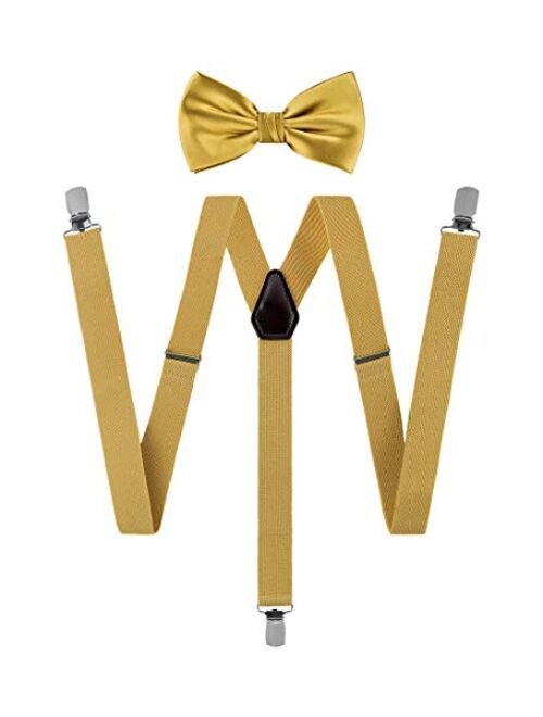 TIE G Solid Color Men's Suspender + Woven Bow Tie Set for Wedding : Vivid Color, Adjustable Brace, Strong Clip, Elastic Band