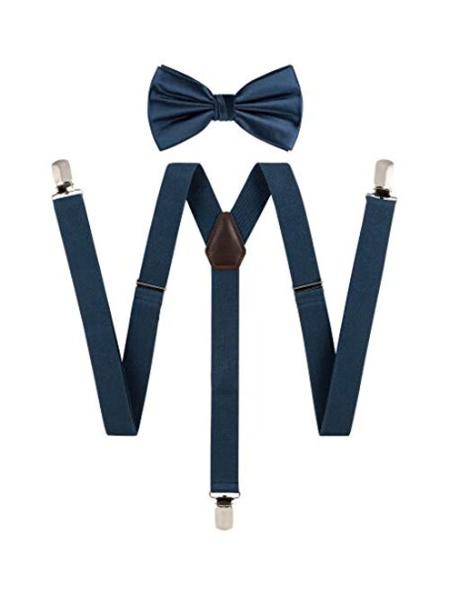 TIE G Solid Color Men's Suspender + Woven Bow Tie Set for Wedding : Vivid Color, Adjustable Brace, Strong Clip, Elastic Band