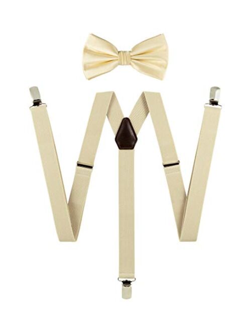 TIE G Solid Color Men's Suspender + Woven Bow Tie Set for Wedding : Vivid Color, Adjustable Brace, Strong Clip, Elastic Band