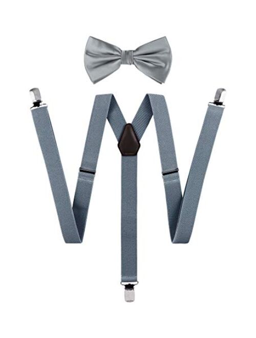 TIE G Solid Color Men's Suspender + Woven Bow Tie Set for Wedding : Vivid Color, Adjustable Brace, Strong Clip, Elastic Band