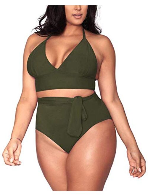 Sovoyontee Women's Plus Size High Waisted Tummy Control Swimwear Swimsuit Full Coverage