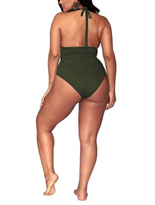 Sovoyontee Women's Plus Size High Waisted Tummy Control Swimwear Swimsuit Full Coverage