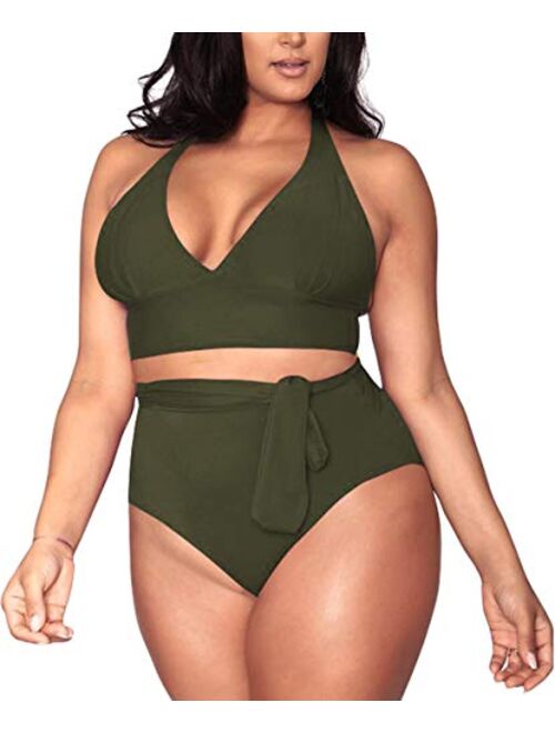 Sovoyontee Women's Plus Size High Waisted Tummy Control Swimwear Swimsuit Full Coverage