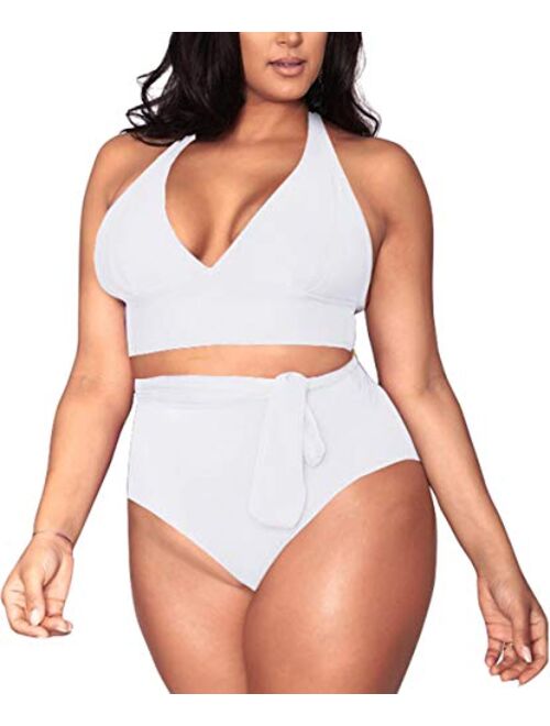 Sovoyontee Women's Plus Size High Waisted Tummy Control Swimwear Swimsuit Full Coverage