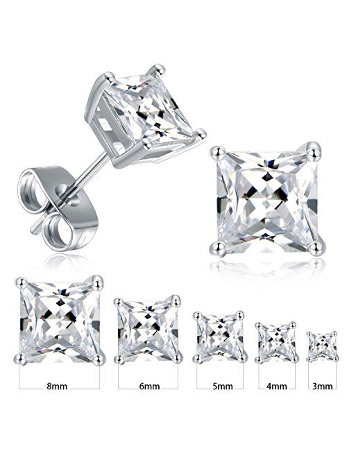 18K White Gold Plated Princess Cut Clear Cubic Zirconia Stud Earrings Pack of 5