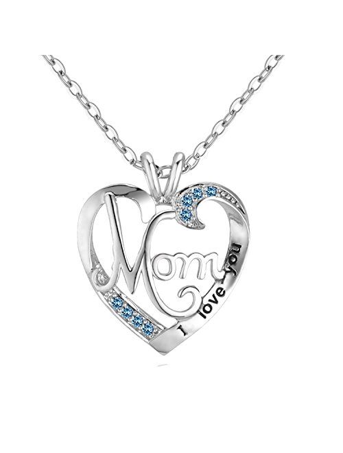 UEUC I Love You Mom Love Heart Necklace,925 Sterling Silver Rhinestone Necklace for Mom,Best Mom Necklace Gift for Mother