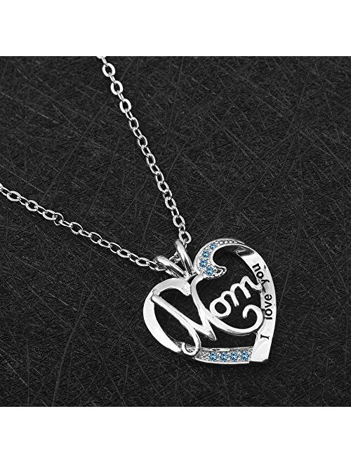 UEUC I Love You Mom Love Heart Necklace,925 Sterling Silver Rhinestone Necklace for Mom,Best Mom Necklace Gift for Mother