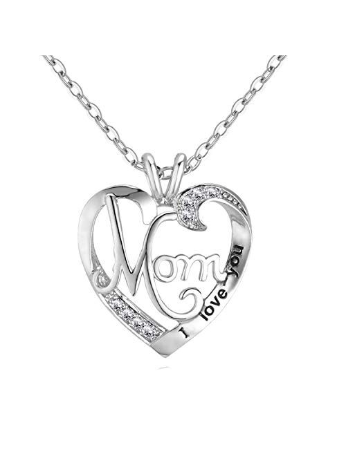 UEUC I Love You Mom Love Heart Necklace,925 Sterling Silver Rhinestone Necklace for Mom,Best Mom Necklace Gift for Mother