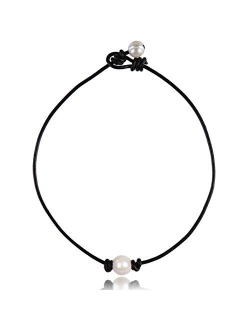 Single Pearl Choker Necklace on Genuine Leather Cord for Women Handmade Choker Jewelry Gift