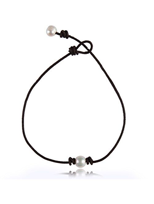 Single Pearl Choker Necklace on Genuine Leather Cord for Women Handmade Choker Jewelry Gift