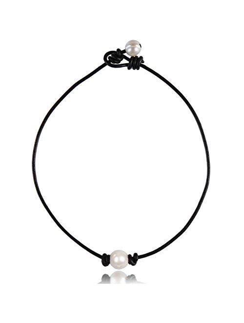 Single Pearl Choker Necklace on Genuine Leather Cord for Women Handmade Choker Jewelry Gift