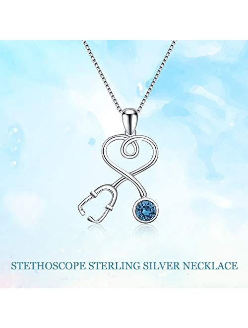 AOBOCO Sterling Silver Stethoscope Necklace Doctor Nurse Medical Jewelry with Simulated Birthstone Crystal from Swarovski, Medical Student RN Registered Nurse Gifts for W