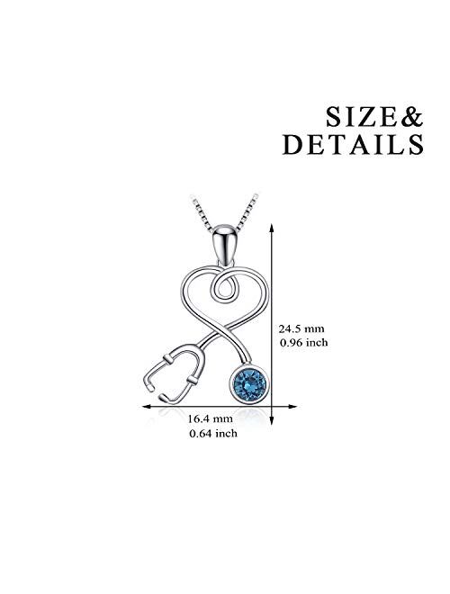 AOBOCO Sterling Silver Stethoscope Necklace Doctor Nurse Medical Jewelry with Simulated Birthstone Crystal from Swarovski, Medical Student RN Registered Nurse Gifts for W