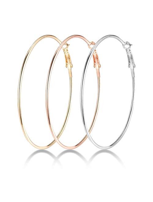 Marynn 3 Pairs Big Hoop Earrings, Stainless Steel Hoop Earrings in Gold Plated Rose Gold Plated Silver for Women Girls