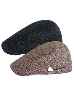 2 Pack Newsboy Hats for Men Classic Herringbone Tweed Wool Blend Flat Cap Ivy Gatsby Cabbie Driving Hat