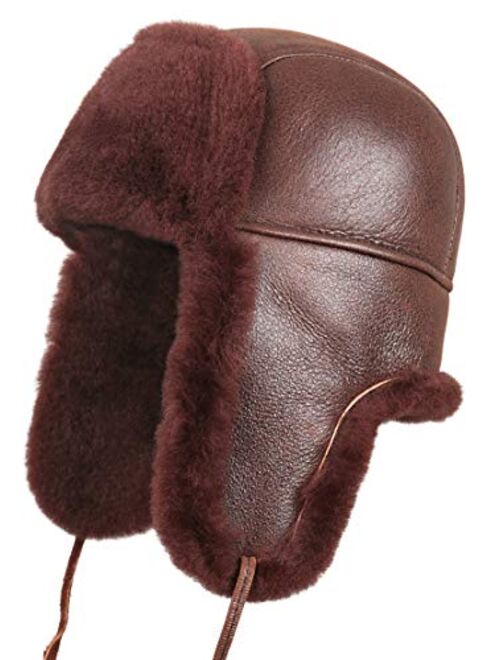 Zavelio Unisex Shearling Sheepskin Leather Aviator Russian Ushanka Trapper Winter Fur Hat