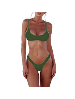 SherryDC Women's Solid Scoop Neck Push up Padded Brazilian Thong Bikini Swimsuit