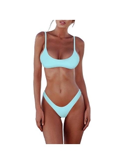 SherryDC Women's Solid Scoop Neck Push up Padded Brazilian Thong Bikini Swimsuit