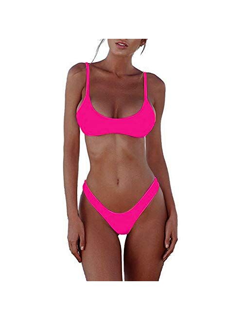 SherryDC Women's Solid Scoop Neck Push up Padded Brazilian Thong Bikini Swimsuit