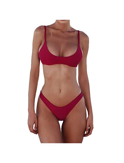 SherryDC Women's Solid Scoop Neck Push up Padded Brazilian Thong Bikini Swimsuit