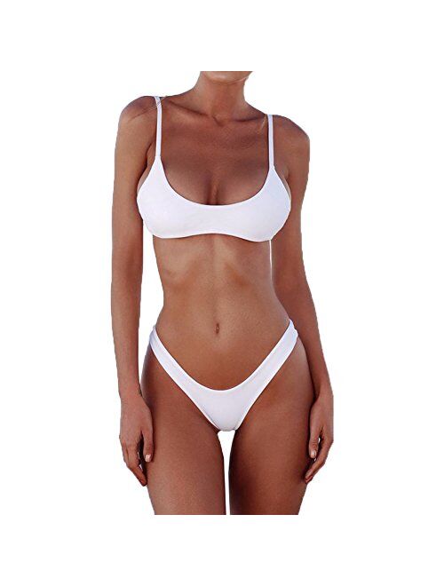 SherryDC Women's Solid Scoop Neck Push up Padded Brazilian Thong Bikini Swimsuit