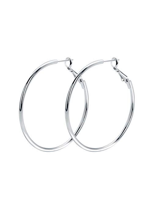 Rugewelry 925 Sterling Silver Hoop Earrings,18K White Gold Plated Polished Rounded Hoop Earrings For Women Girls,Gift Box Packaging