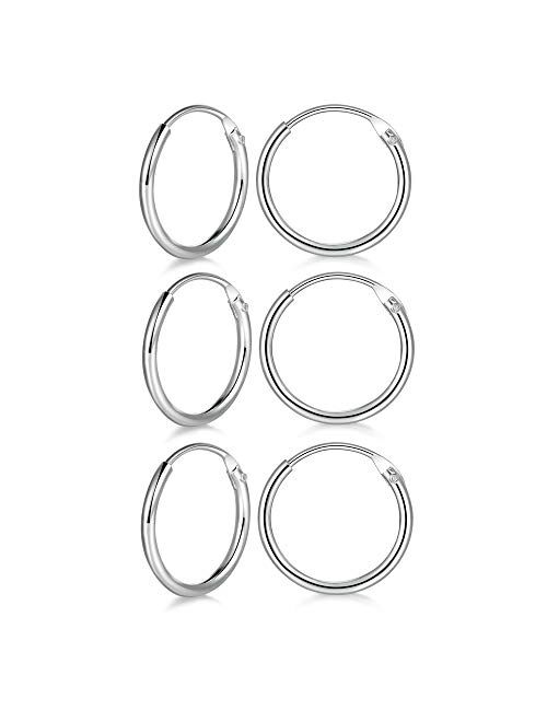 3 Pairs Sterling Silver Small Hoop Earrings Set Hypoallergenic Endless Cartilage Earrings Huggie Nose Lip Rings for Women Men Girls, 8mm 10mm 12mm