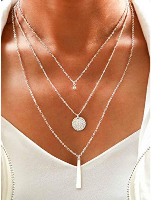 Yalice Multi-Layered Round Disc Necklace Chain Vertical Bar Pendant Necklaces Jewelry for Women and Girls