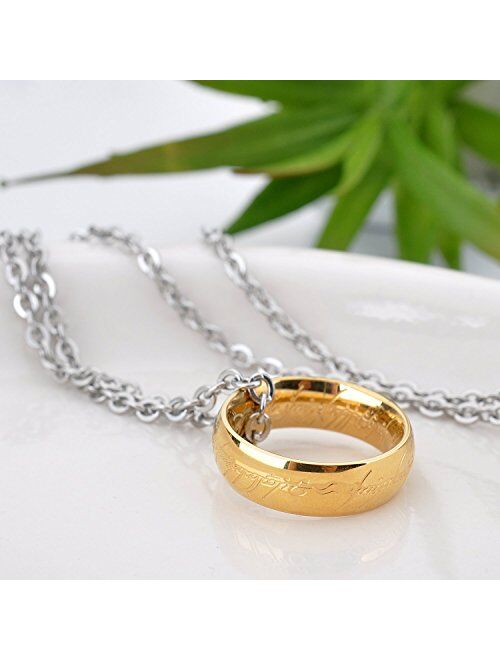 LUREME Engraved Gold Plated Stainless Steel Ring Pendant Chain Necklace for Men Women Girls Teens A1000001