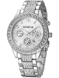 Unisex Luxury Pave Floating Crystal Diamonds Calendar Quartz Watch with Stainless Steel Link Bracelet